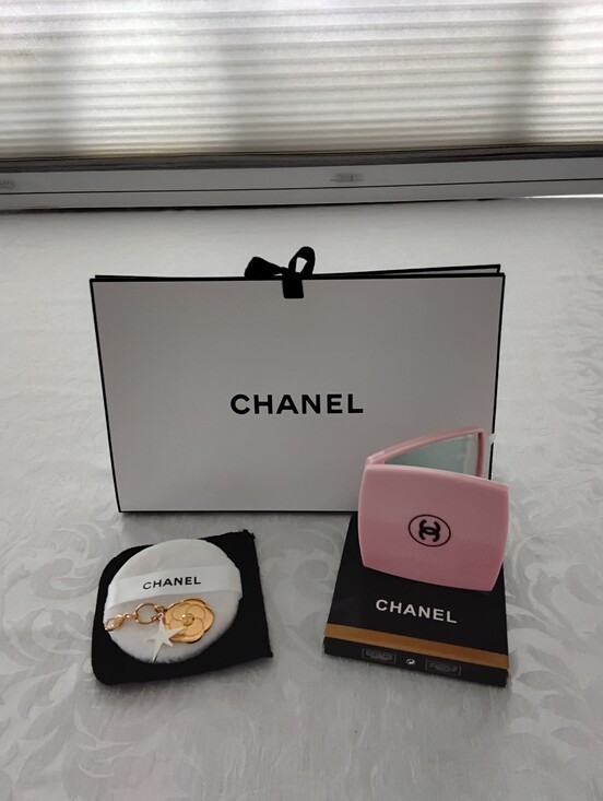 CHANEL Accessories - CHANEL 4 Piece Set Gift Box, Pink Compact Mirror, Charm And Power Puff.